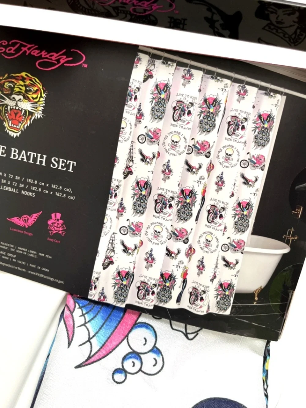 New Ed Hardy Motorcycle Skull Shower Curtain Set 72x72 PEVA Liner 12 Hooks